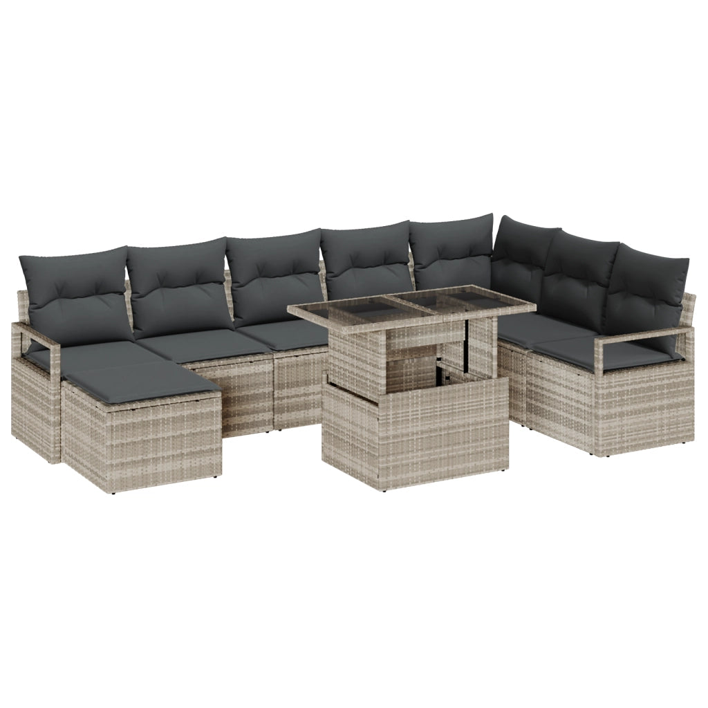 Set di divani da giardino con cuscini  9 pezzi Grigio chiaro in rattan polimerico