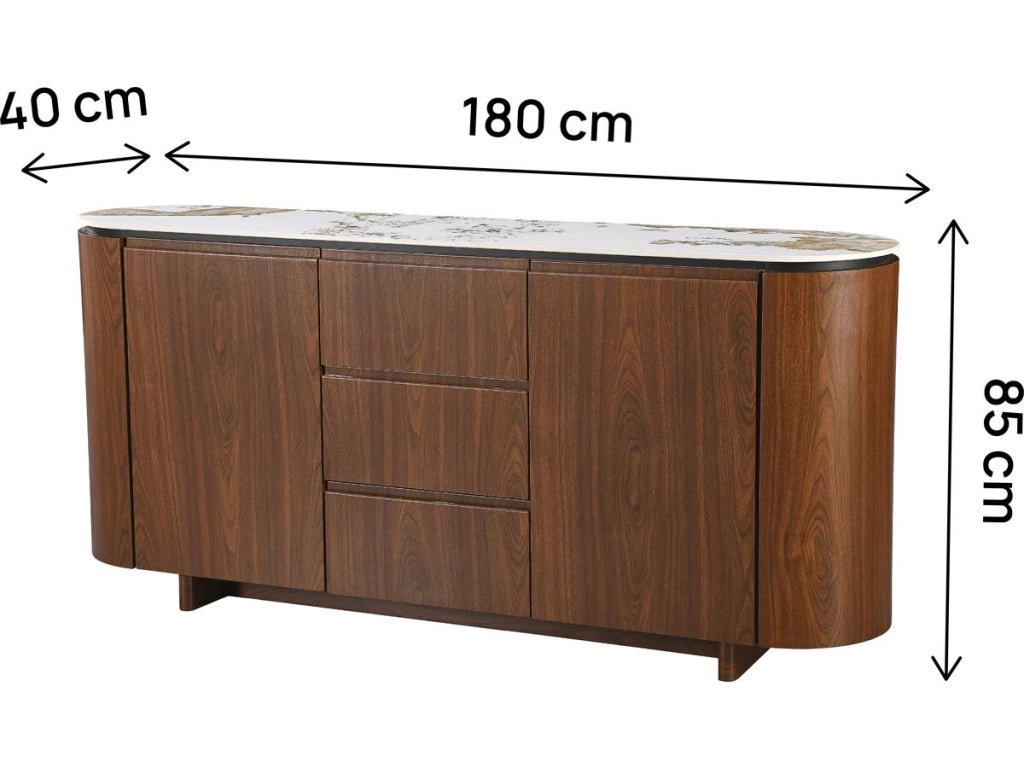 Credenza "Stonea" in legno con piano in ceramica - 180 x 40 x 85 cm - Marrone