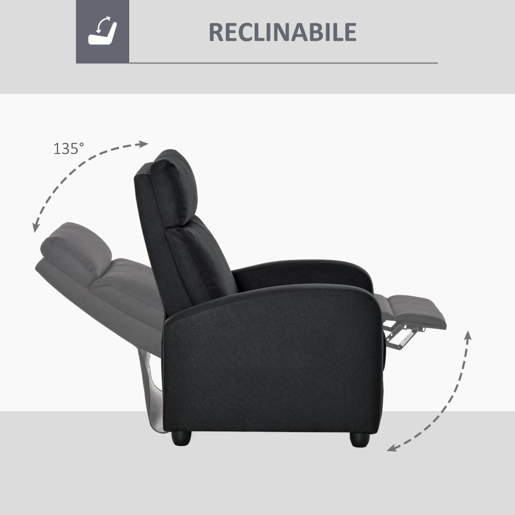 EasyComfort Poltrona Relax Imbottita con Schienale Reclinabile 135° e Poggiapiedi Estraibile, in Lino Nero, 69x87x100.5cm