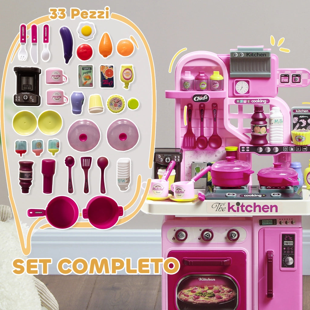 Cucina Giocattolo per Bambini da 33 Pezzi con Luci, Suoni e Rubinetto, in PP e ABS, 53x22x69 cm, Rosa