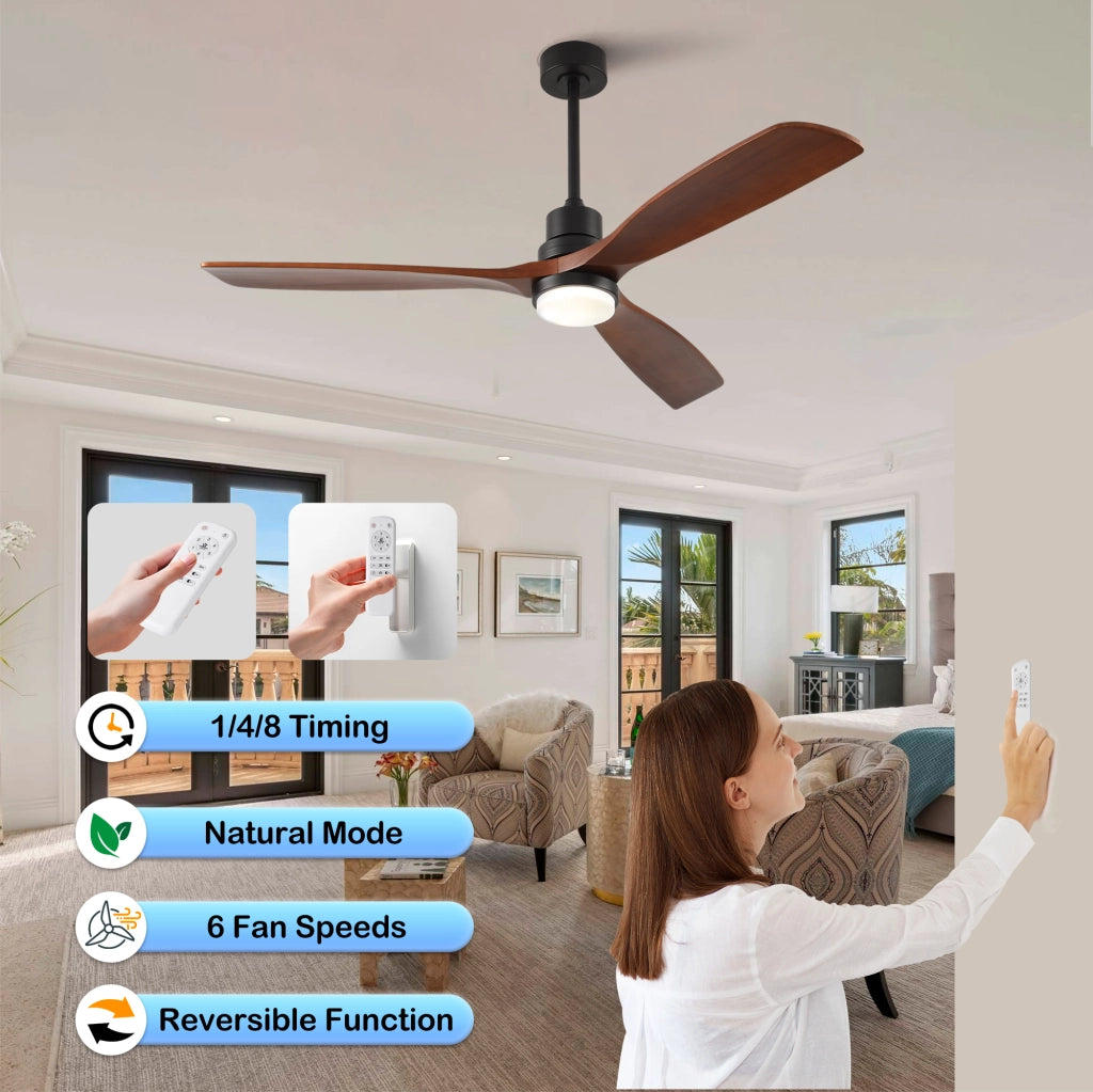 Ventilatore da soffitto 60 pollici ad elica, 3 pale legno massello, 3CCT, motore DC reversibile silenzioso, telecomando 6 velocit¨¤ con memoria