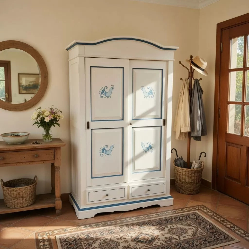 Armadio 2 ante scorrevoli legno shabby bianco anticato pavoncella 122x59x200 - Mobili 2G
