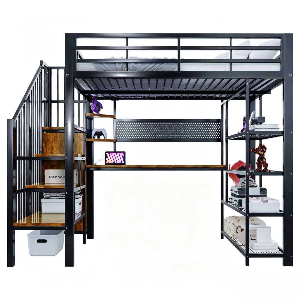 Letto a soppalco 140x200 cm in metallo e legno con scrivania, scala contenitore, mensole, pannello forato, prese Euro e LED nero