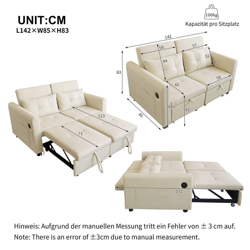 Divano letto 2 posti - con schienale regolabile; USB e tasche laterali - beige in cotone e lino