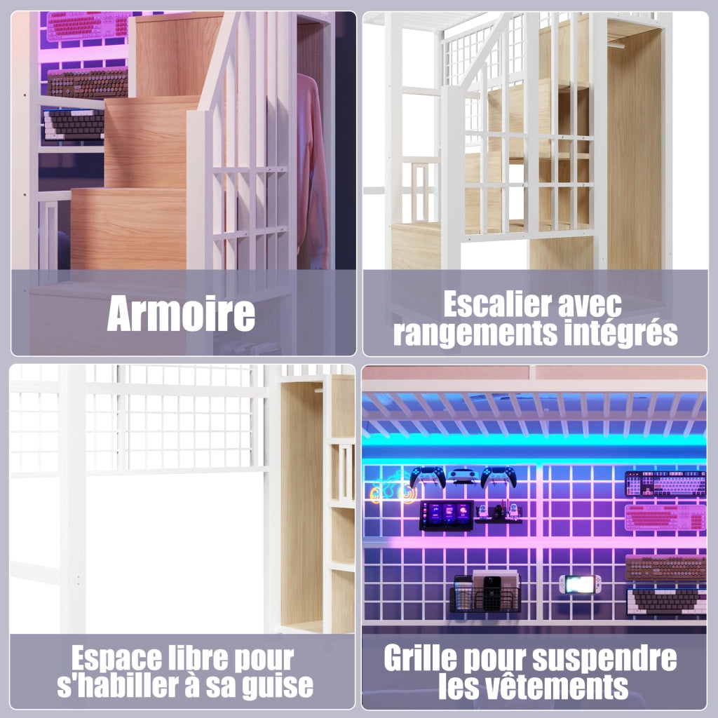 Letto a soppalco in metallo 90x200 cm con guardaroba; scala contenitore; barre appendiabiti; LED 7 colori e spazio aperto; bianco