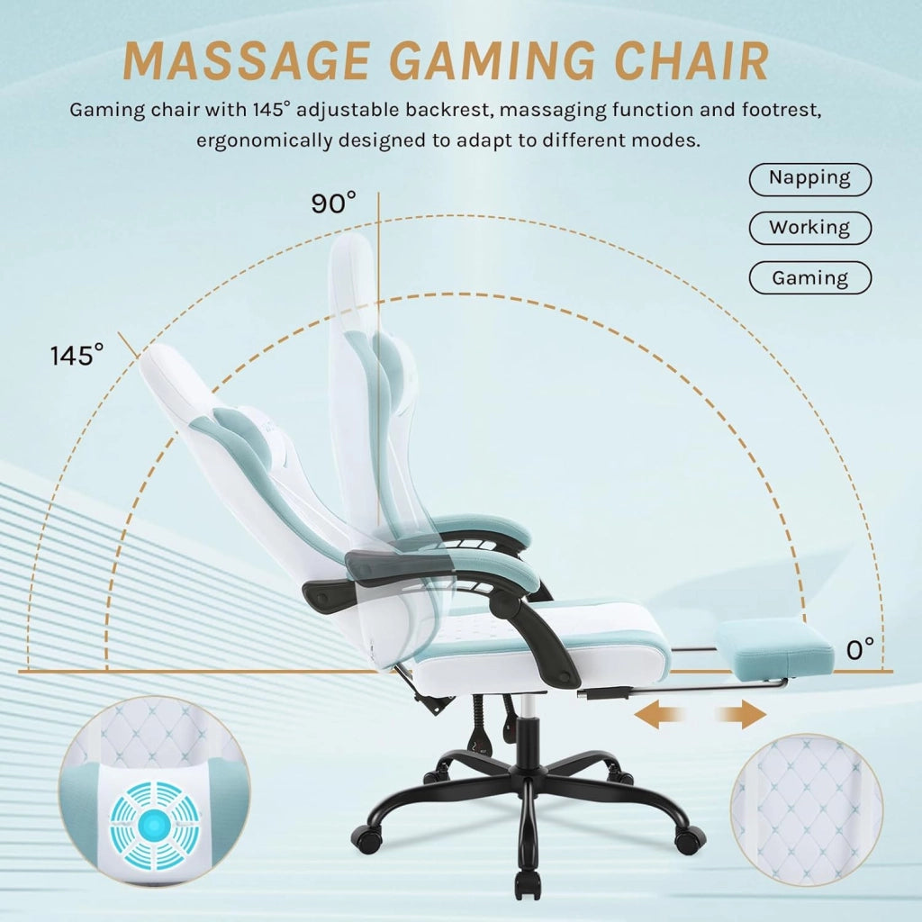 Sedia Gaming con Massaggio, Poltrona Ufficio Ergonomica, Ampia Sedia Girevole Imbottita per Computer con Cuscino Lombare Massaggiante, Carico 150 Kg, Tessuto a rete Bianco+Blu