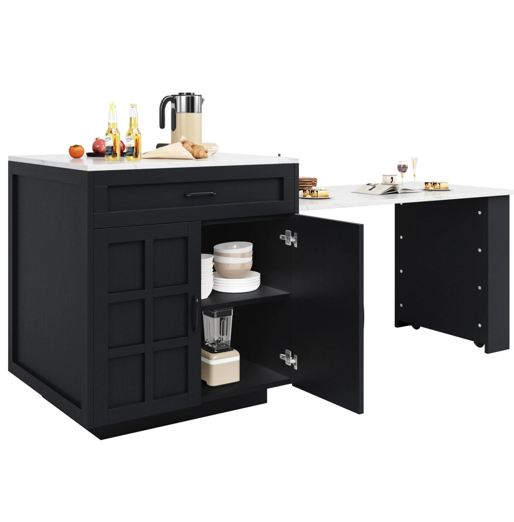 Tavolo Bar Estensibile con Ripiani e Cassetti, Cucina Isola da 133 a 202 cm, MDF Nero, Per 2-6 Persone