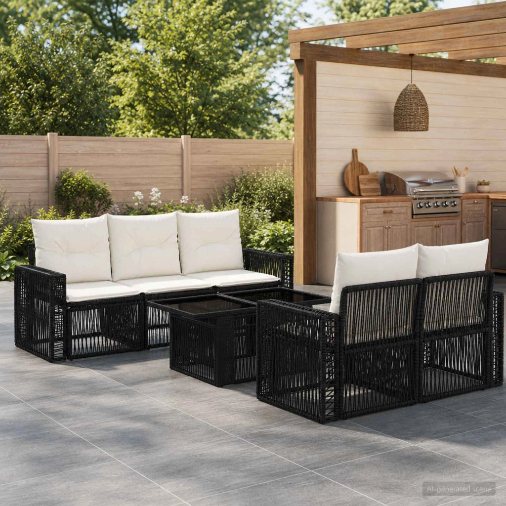 Set Divano da Giardino 6 pz Nero e Bianco Crema polyrattan 3436744