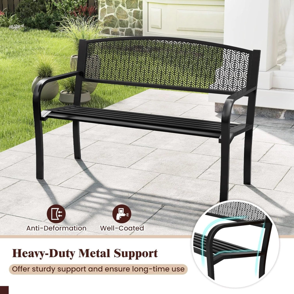 Panca da giardino in metallo a 2 posti, con braccioli comodi e seduta curva, seduta a doghe e schienale elegante, per 2-3 persone, panchina per parco, patio, balcone (nero)