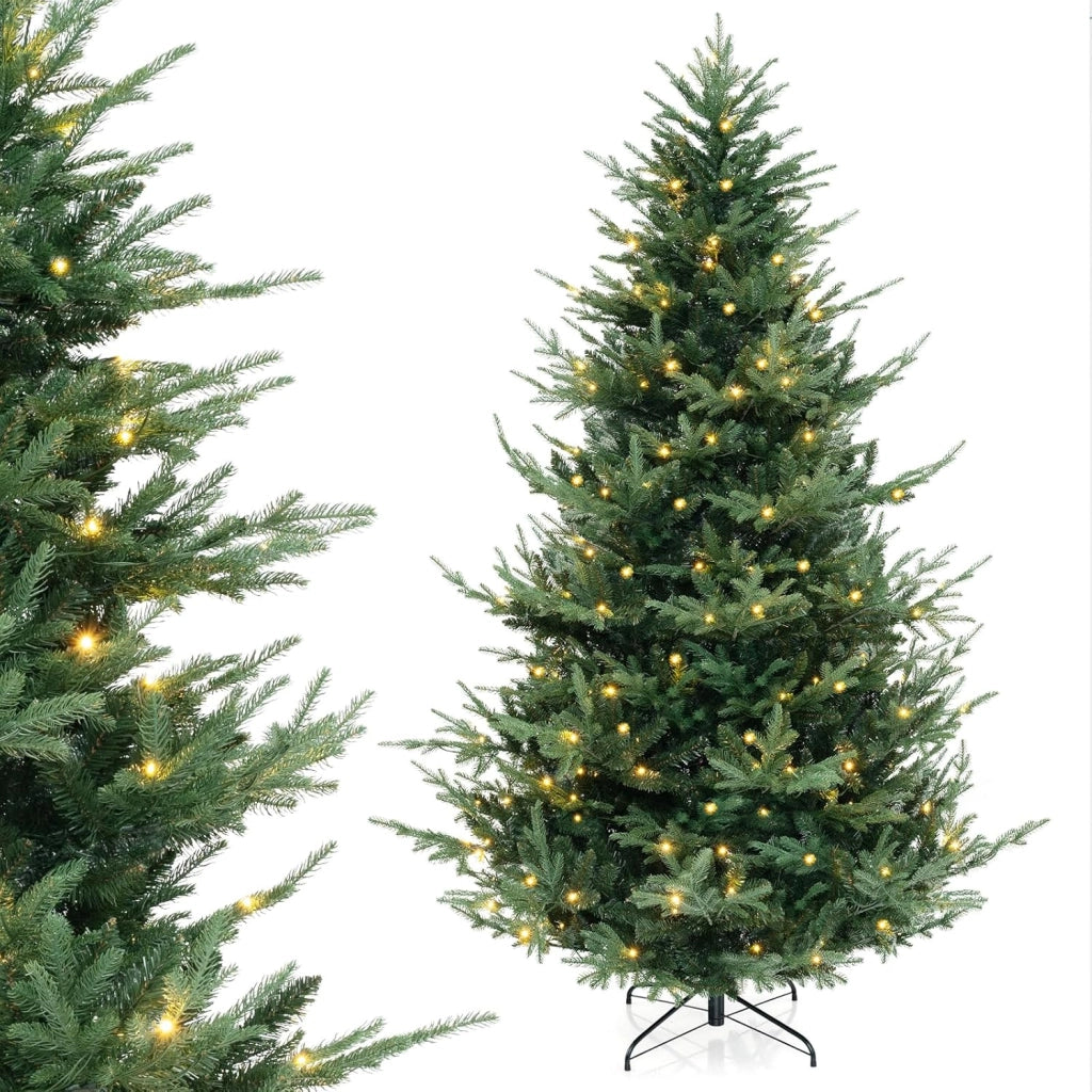 Albero di Natale Artificiale 135/180/210/240 CM, Albero di Natale con 160/240/340/450 Luci LED Bianche Calde, 442/778/1090/1480 Punte di Rami e Foglie Miste in PE & PVC (240 CM)