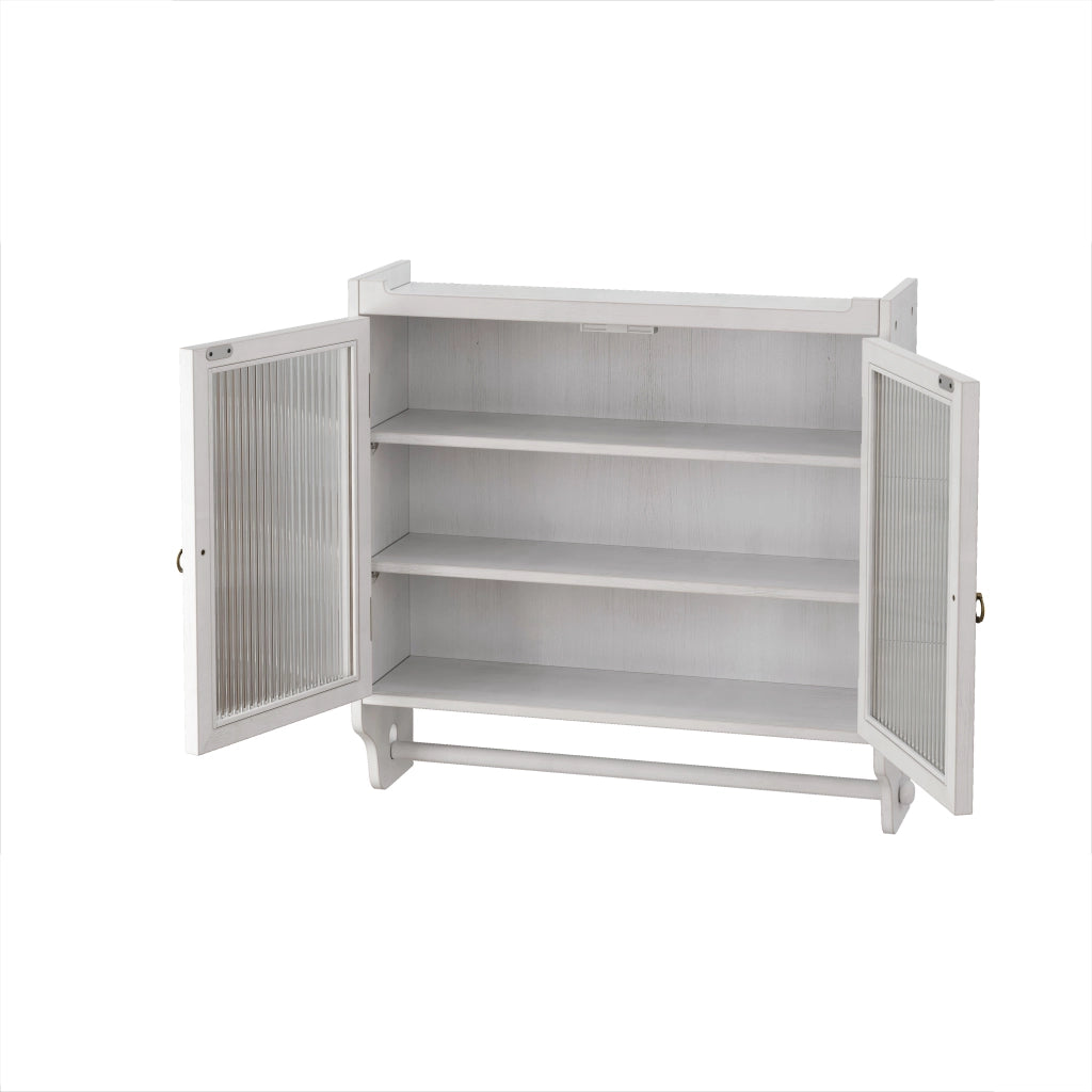 Pensile da Parete con 2 Ante in Vetro Cannelé; 3 Ripiani e Porta Asciugamani; Stile Vintage; in Legno e MDF; 63×18×60 cm; Bianco Decapato