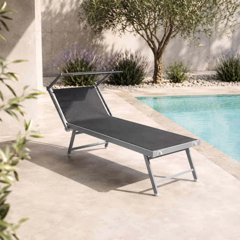 Lettino Prendisole Pieghevole Professionale Alluminio Textilene Tettuccio Orientabile Parasole Mare Spiaggia Piscina Giardino 182 x 60 x 38 Cm Nero