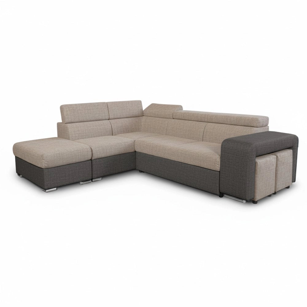 Divano Letto Angolare Sophie con Penisola Sinistra, 2 Pouf Estraibili e Pouf Contenitore – Tortora e Grigio Scuro