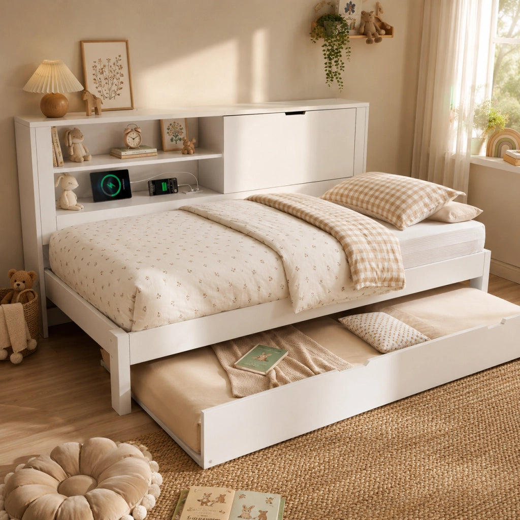 Divano letto singolo 90x200 bianco estraibile 90x190 vano e ripiano USB/Type-C doghe