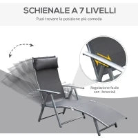Lettino Sedia a Sdraio da Giardino Pieghevole con Cuscino, Schienale con 7 Reclinazioni, 137x63.5x100.5cm, Grigio