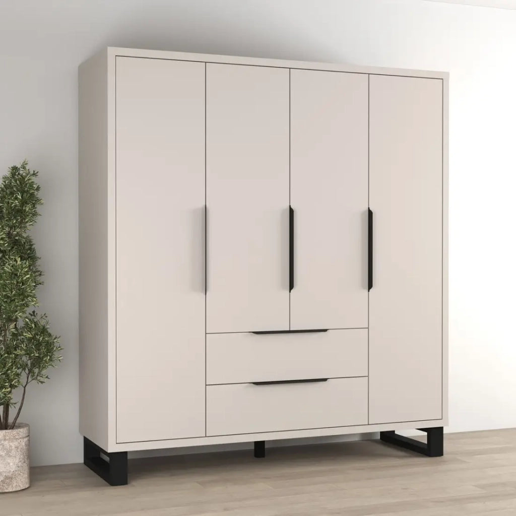 Armadio MILOS 4 porte cachemire con 2 cassetti e maniglie in metallo 191 cm