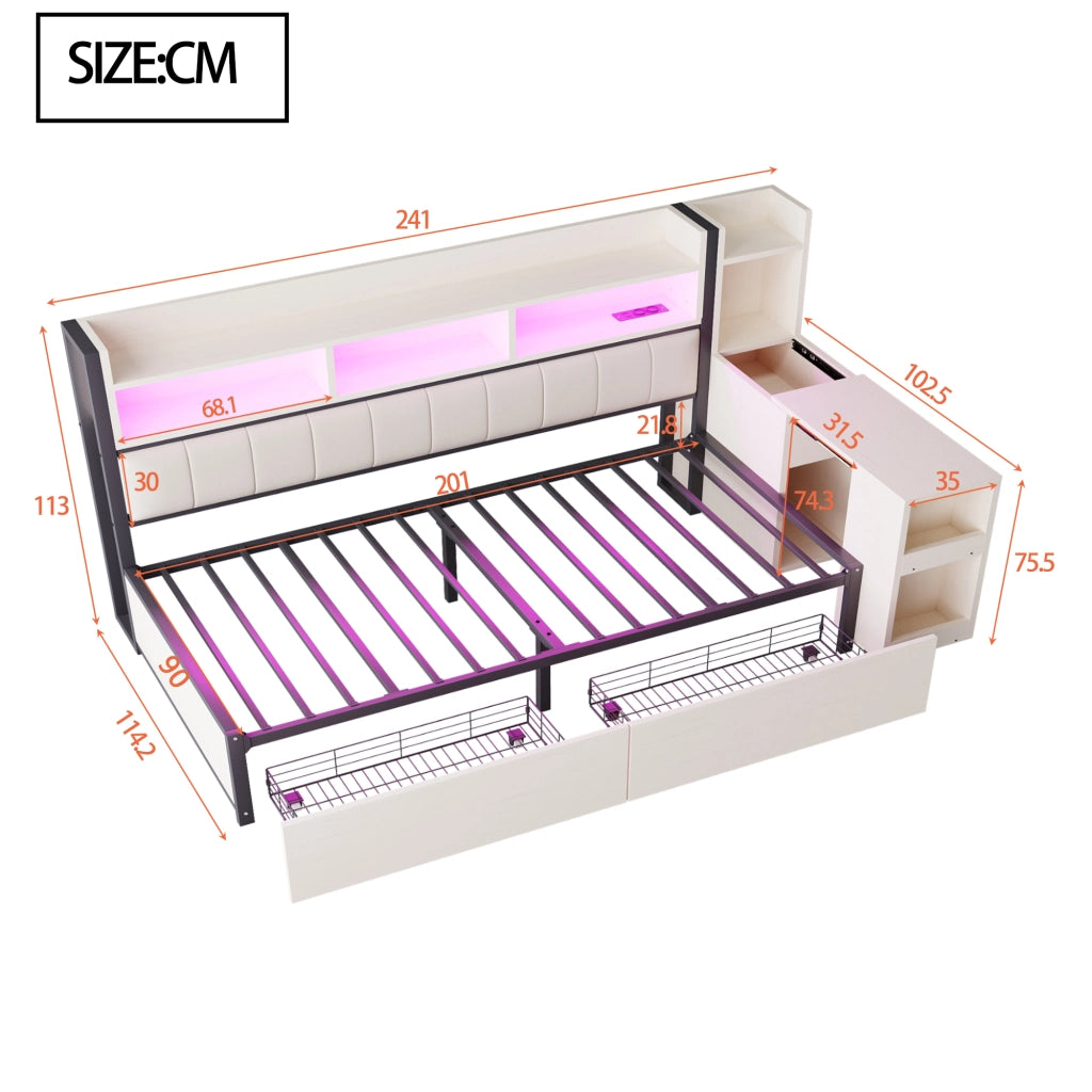 Letto singolo 90×200 cm con cassetti; scrivania estraibile e prese integrate; senza materasso; bianco