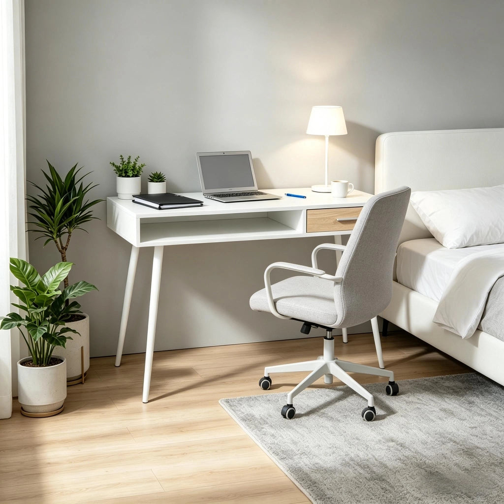 Scrivania lineare con 1 cassetto e vano aperto per ufficio e casa moderna in MDF e metallo bianco 110 × 50 × 75 cm