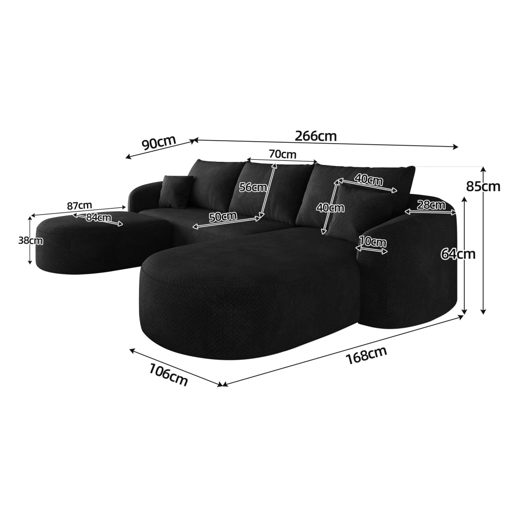 Divano angolare modulare a U senza montaggio in tessuto nero 266 × 168 × 85 cm