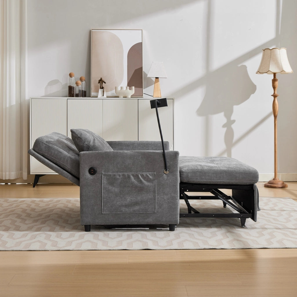Divano letto pieghevole moderno con USB; supporto tablet e rivestimento grigio