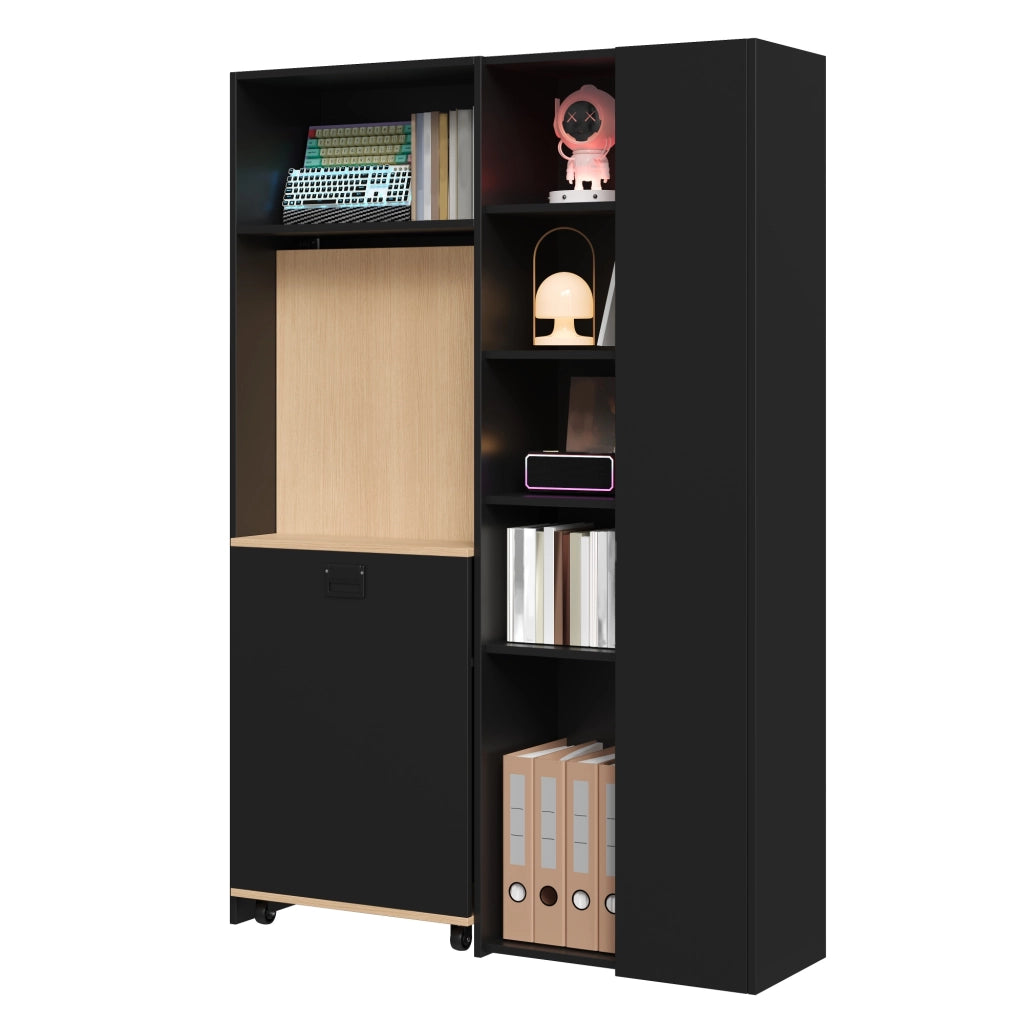 Scrivania pieghevole 2 in 1 con libreria, presa EU e porte USB, MDF, nero e rovere