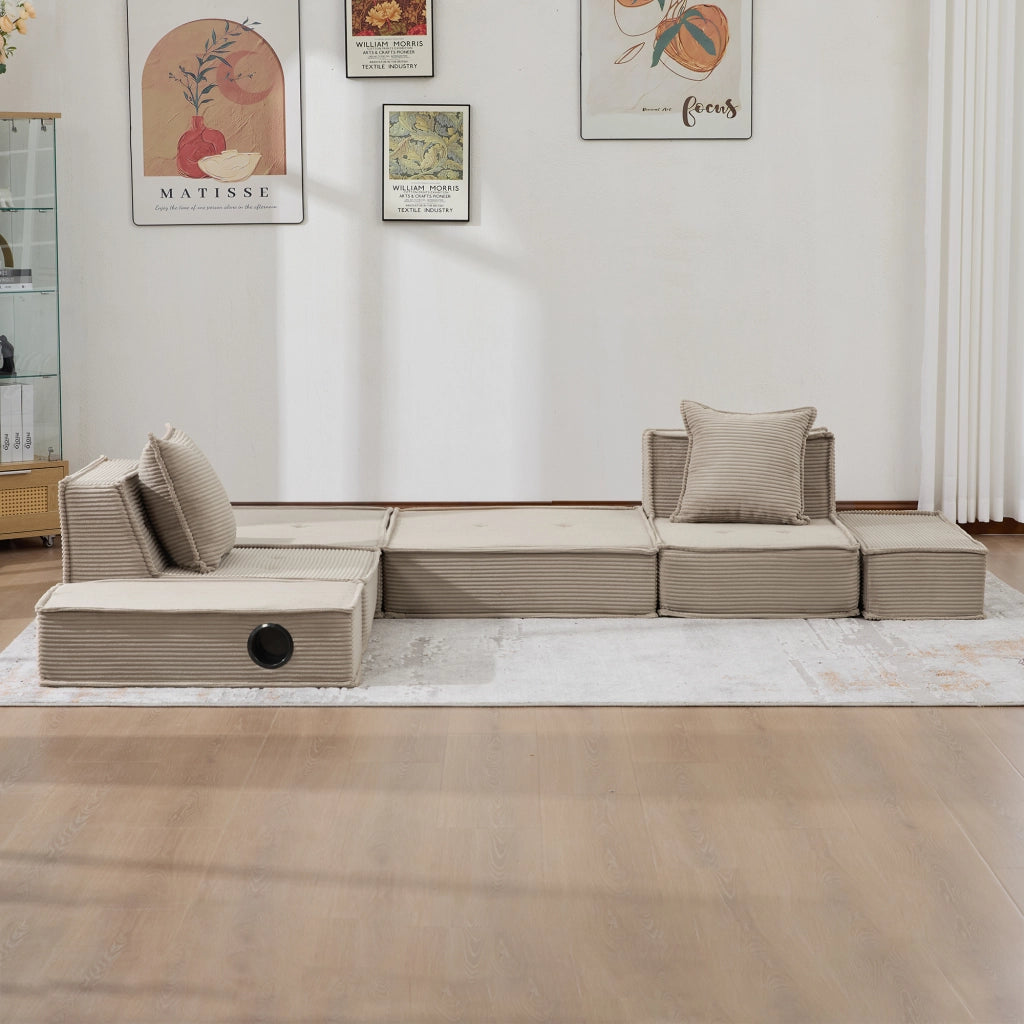 Pouf sofa modulare con tasche laterali e due cuscini in velluto a coste kaki per relax 162 × 78 × 66 cm