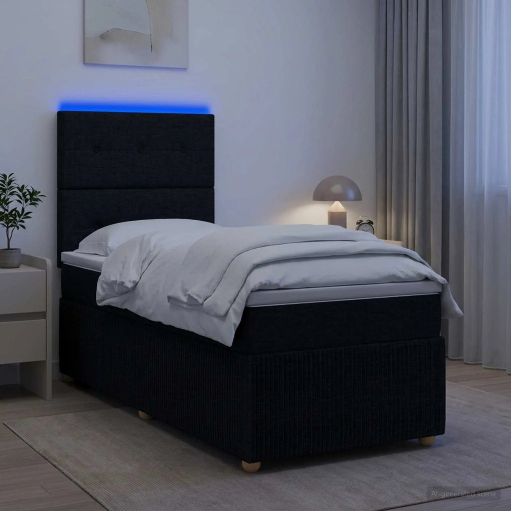Letto Box Spring LED con Materasso Nero 100 x 200 cm Tessuto 3455792