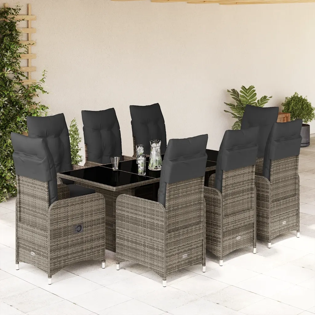 Set BistrÃ² da Giardino 9 pz con Cuscini in Polyrattan Grigio