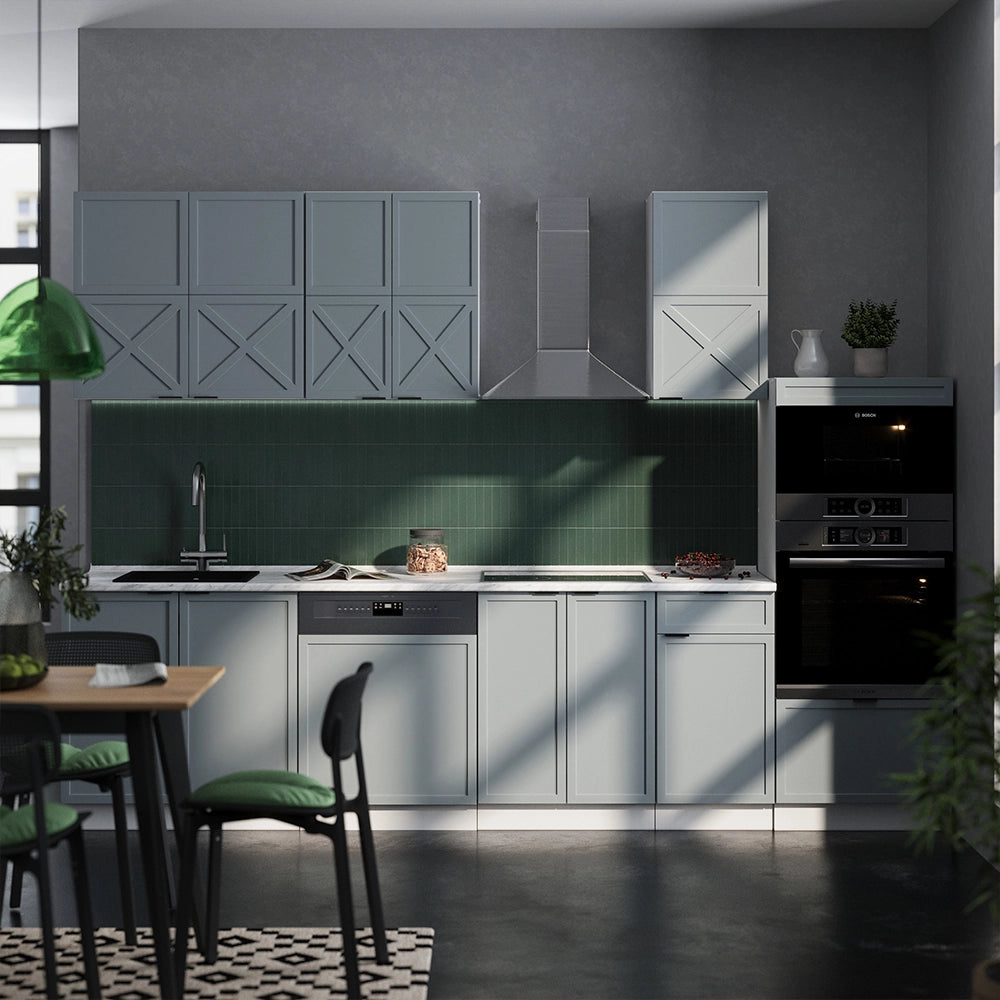 Vicco Cucina componibile Blu-grigio chiaro/bianco 300 cm con armadio alto, PL Rovere