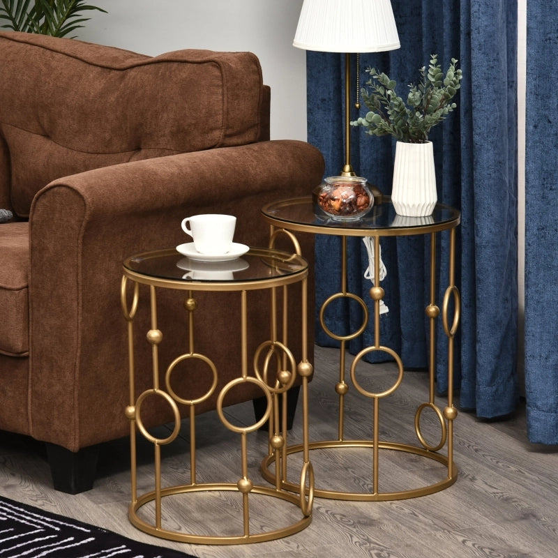 Tavolo da pranzo - set 2 tavolini - piano in vetro - design ruota e sfera - Ø41x57 cm - oro