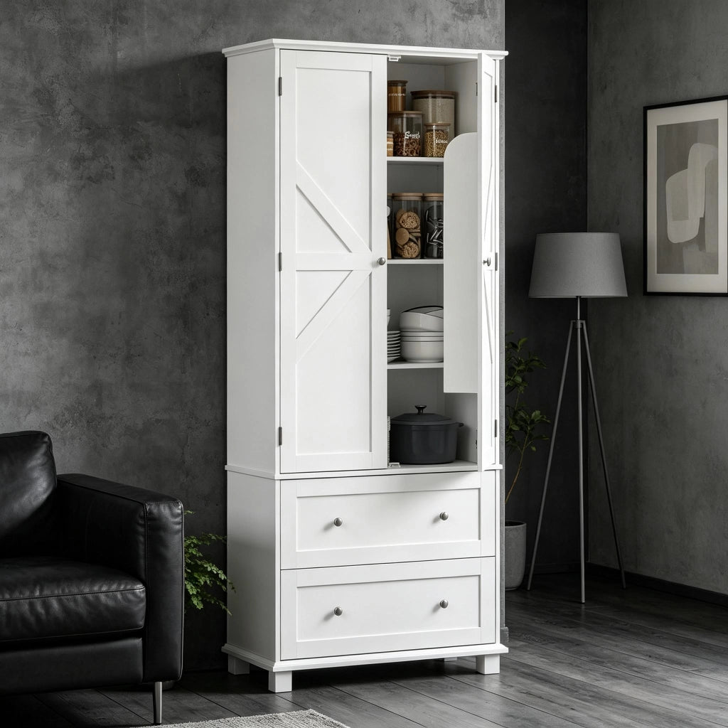 Credenza alta da cucina con 2 ante, 2 cassetti, 6 vani e ripiani regolabili, per cucina e sala da pranzo, bianco