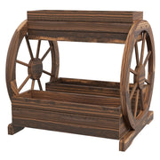 Fioriera da Esterno a 2 Livelli con 3 Vasi e Ruote di Carro Stile Country 64x54x60 cm in Legno Carbonizzato