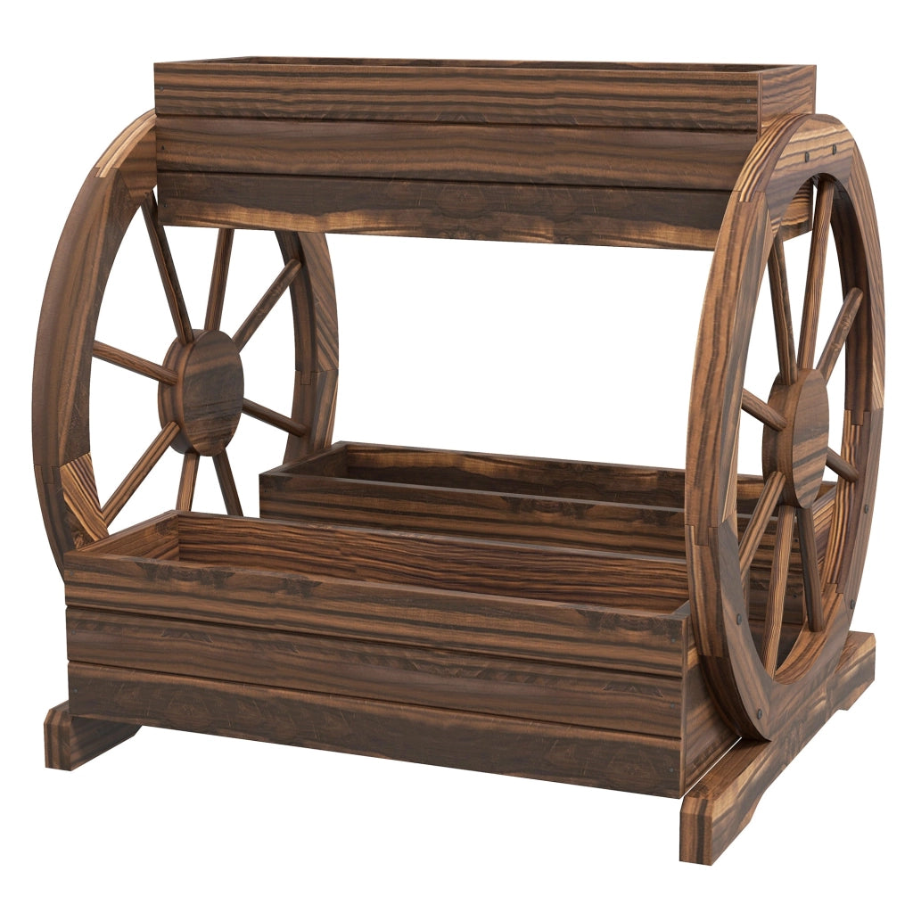 Fioriera da Esterno a 2 Livelli con 3 Vasi e Ruote di Carro Stile Country 64x54x60 cm in Legno Carbonizzato