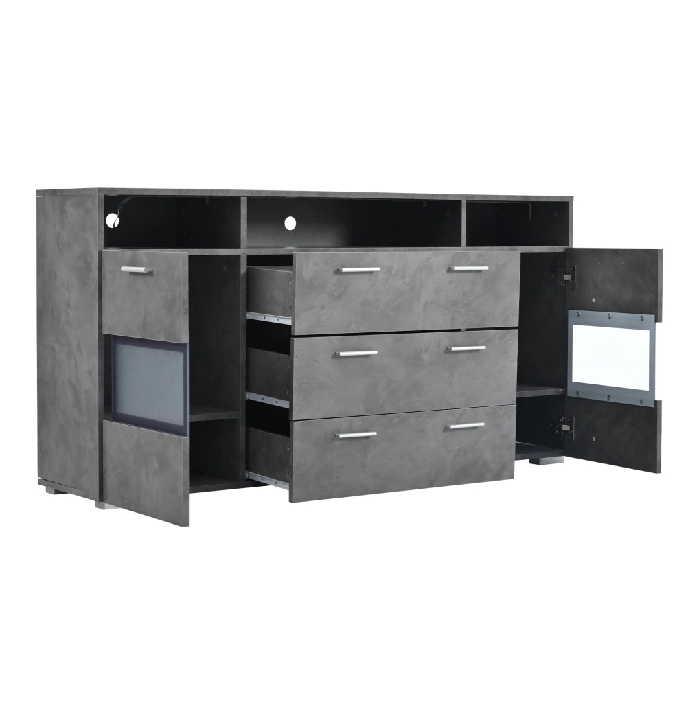 Sideboard grigio 140 cm con LED; 2 ante in acrilico; 3 cassetti e 3 vani aperti