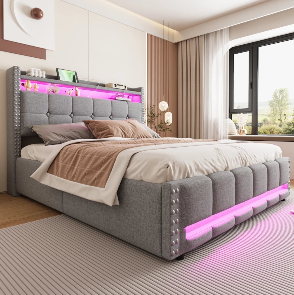 LETTO Imbottito 160x200 cm Grigio Chiaro con LED, USB e contenitore