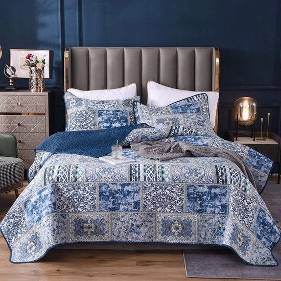 Coprisettima Blu 180x220cm, Coprisettima Vintage, Coprisettima da Soggiorno, Coperta Patchwork a Piume con Tessuto di Cotone e Poliestere, Coperta Estiva con Cuscino