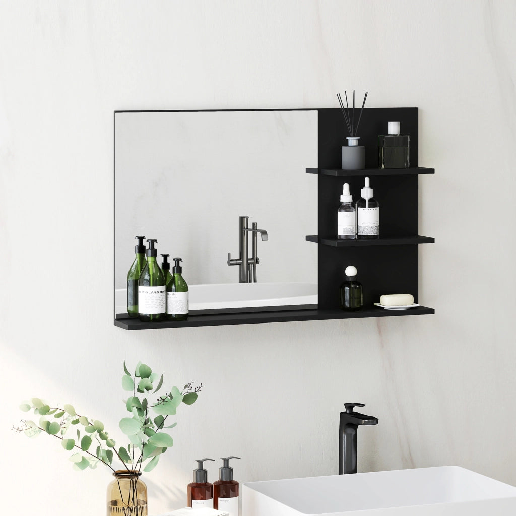 Specchio Bagno Moderno con 2 Ripiani Laterali e Ripiano Inferiore, in Legno e Vetro, 75x10x48 cm, Nero