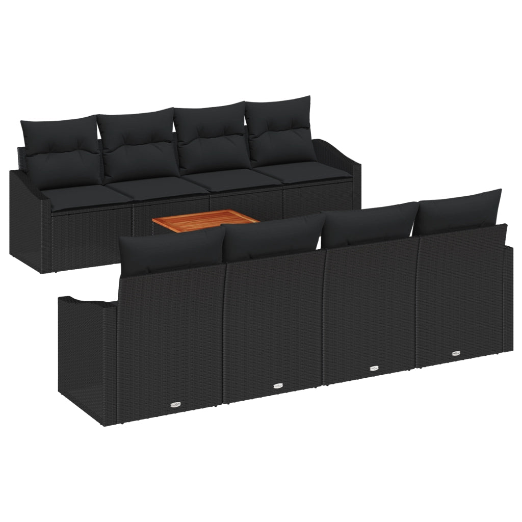 Set Divano Giardino da 9 Pezzi con Cuscini Nero Polyrattan Acacia