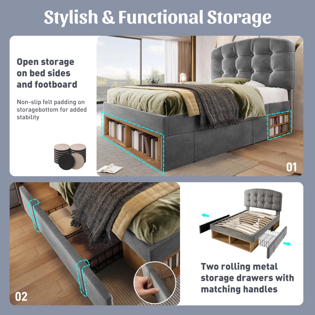 DESMIU Letto con cassetti 90 × 200 cm singolo con vano contenitore e testiera regolabile, senza materasso, velluto grigio