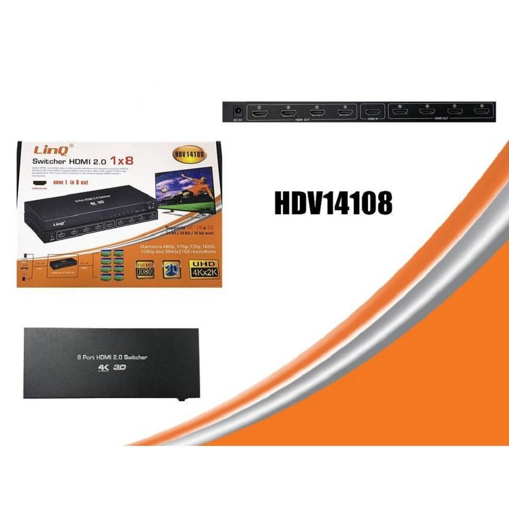 Trade Shop - Switch Switcher Hdmi 2.0 1x8 Porte Hdmi Uhd Supporto 4k 2k 3d Splitter Hdv14108 -