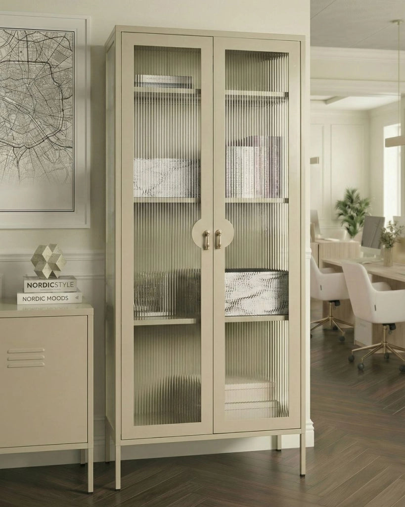 Vetrina beige chiaro in acciaio metallo con Ripiani Piedini Design industriale Soggiorno Mobili per ufficio domestico