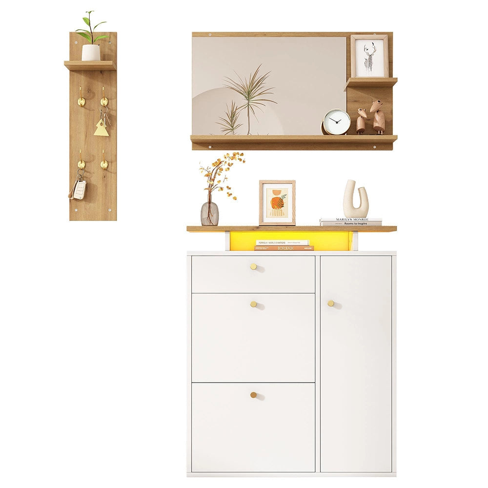 Set ingresso 3 pezzi - Xylo - Specchio, porta cappelli, armadio scarpe - LED, 4 ganci - Naturale o bianco - 105x25x151,5 cm