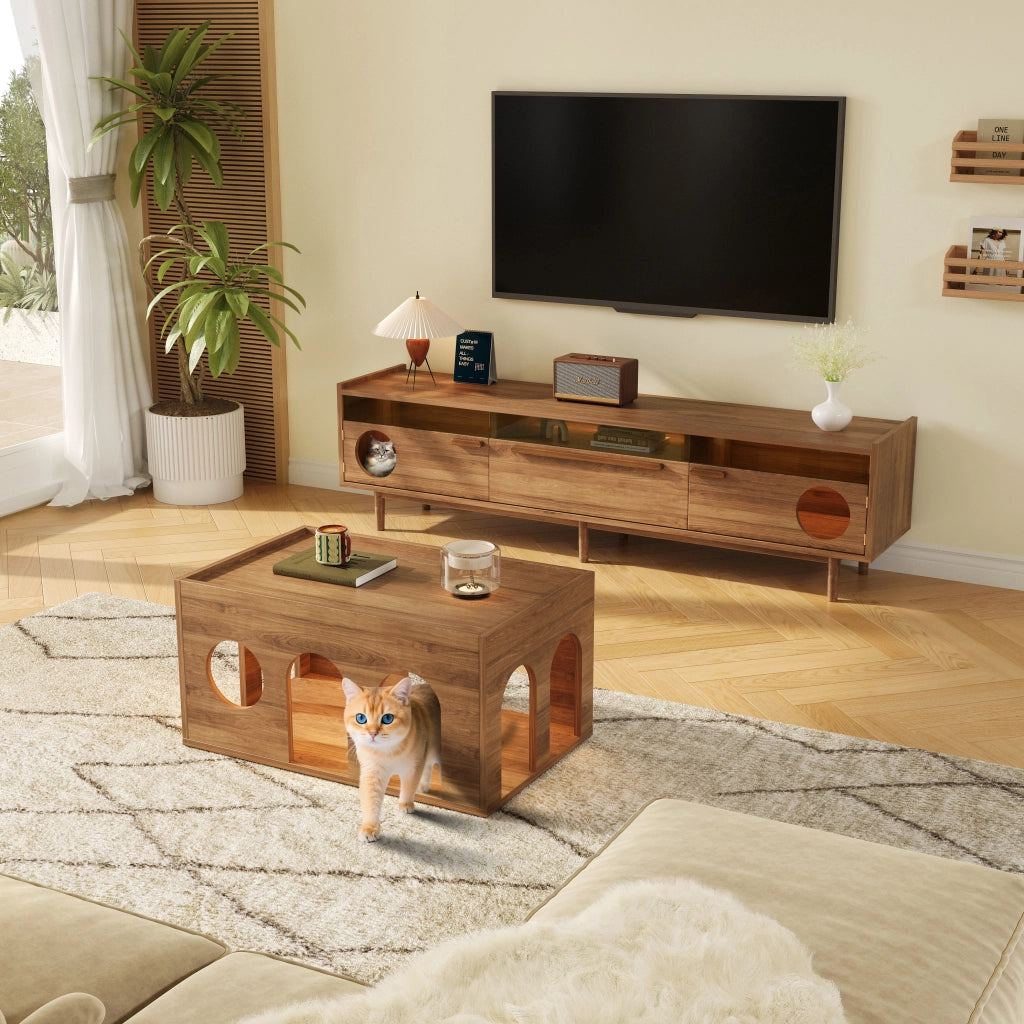 Mobile TV con 2 ante e illuminazione LED; vano per gatti - per soggiorno - 180×40×50 cm - noce