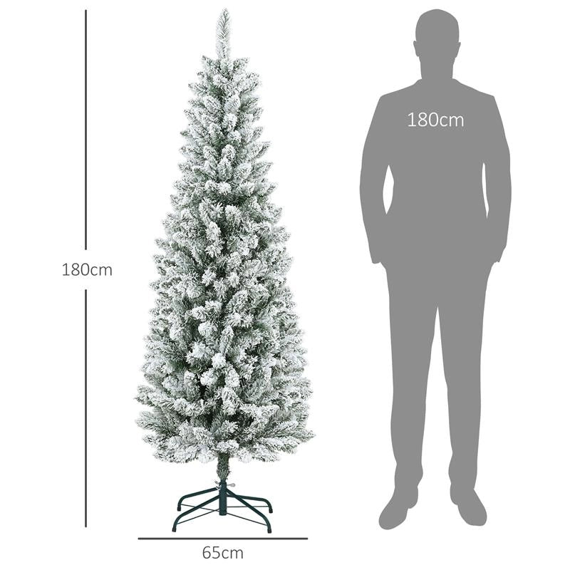 ALBERO DI NATALE 180CM CON 479 RAMI INNEVATI, DESIGN ALTO E STRETTO CON BASE PIEGHEVOLE, VERDE