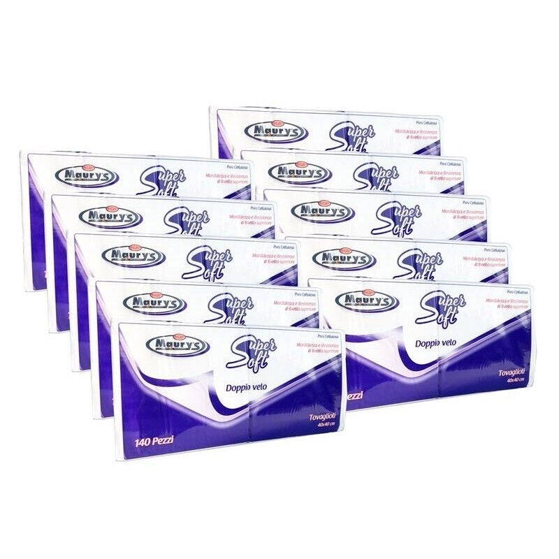 10 CONFEZIONI MAURY'S MAXI SCORTA TOVAGLIOLI 2 VELI 140 PZ SUPER SOFT BIANCHI