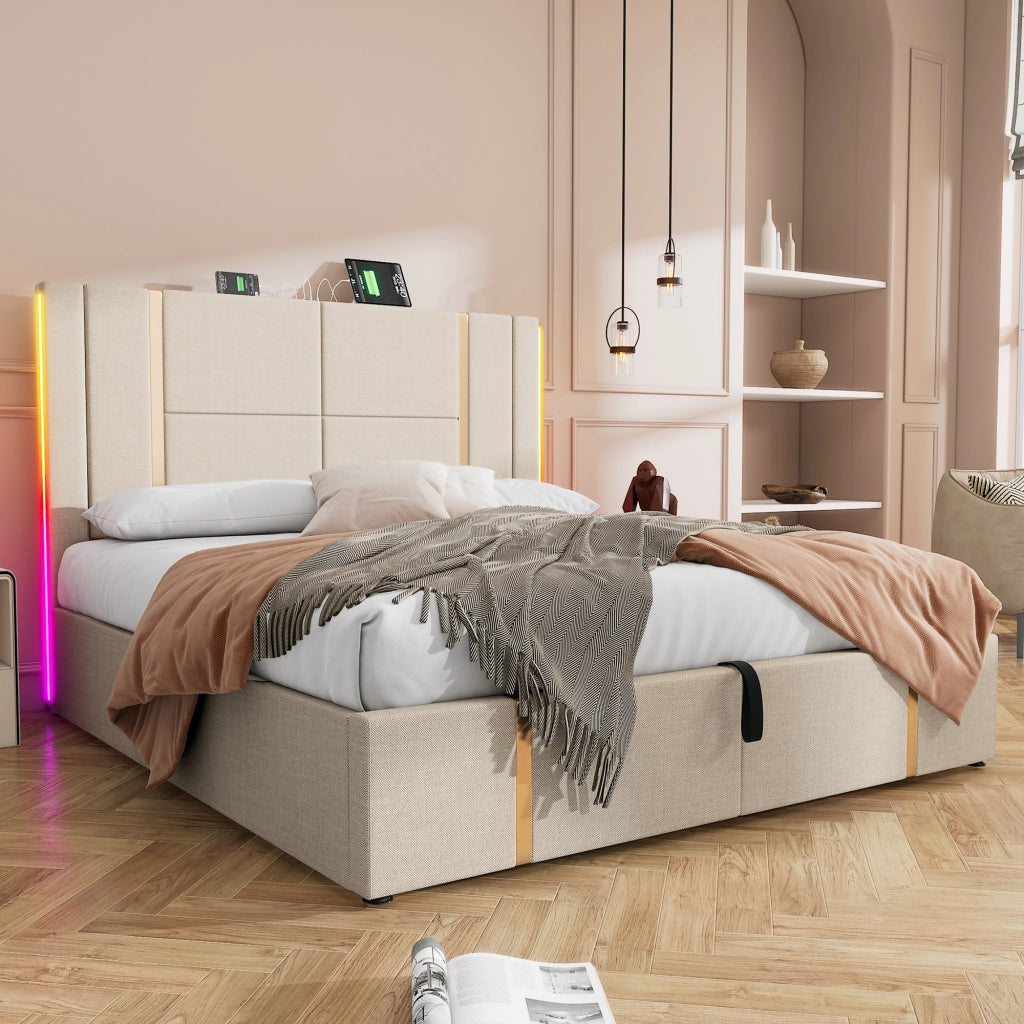DESMIU Letto contenitore Letto matrimoniale 160 × 200 cm con USB, USB-C e LED regolabile, senza materasso