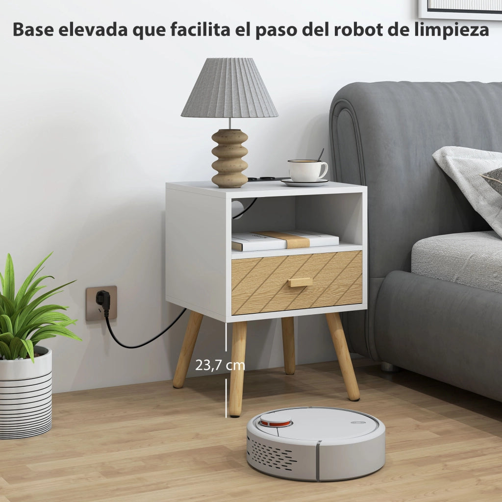 Comodino con stazione di ricarica ¨C Xylo ¨C 2 prese AC, USB-C, cassetto, legno bianco