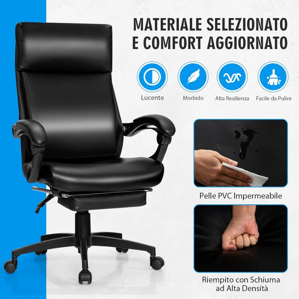 Sedia da Ufficio Girevole a 360°, Poltrona con Schienale Alto in Pelle Reclinabile, Altezza e Schienale Regolabile, Ergonomica Poggiatesta, Bracciolo e Poggiapiedi, Ruote, Portata 150 kg