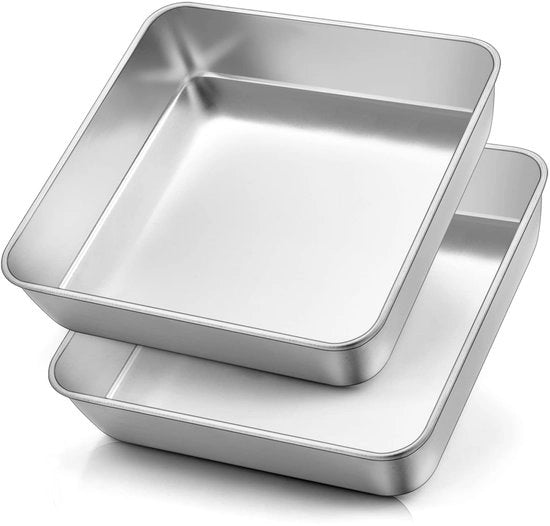 Set di stampi quadrati per torte, 2 pezzi, acciaio inossidabile, 21 x 21 x 5 cm, stampi per dolci duraturi, ideali per brownie/lasagna/torta, facile da pulire.