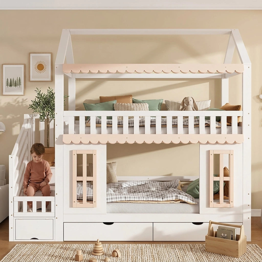 Letto a Castello 90 x 200 cm - Scala con Contenitore e 2 Cassetti - in Legno - Bianco e Naturale